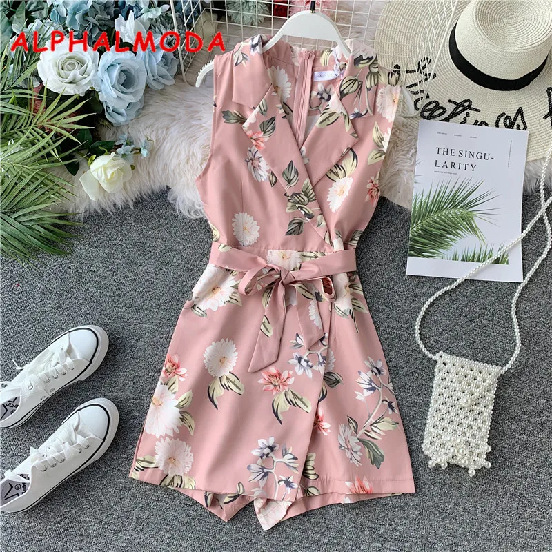 

ALPHALMODA Bohemian Seaside Holiday Style Fashion Printed V-collar Sleeveless Playsuit Irregular Back Zipper Floral Outfit
