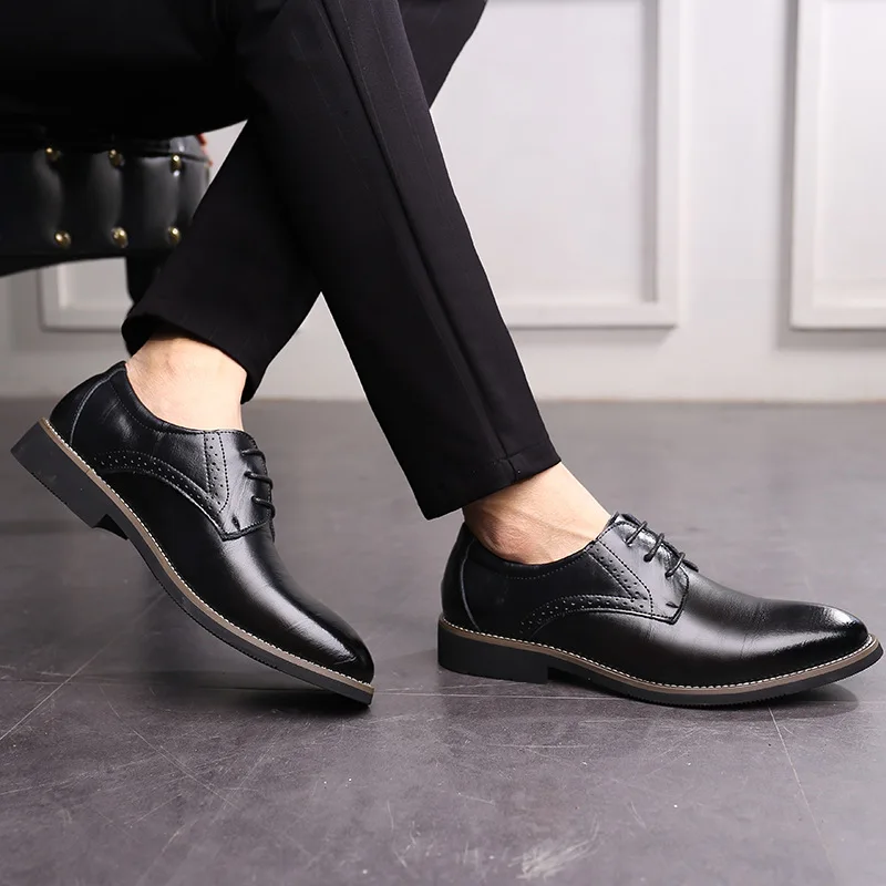 

Pointed Toe Fashion Leisure Genuine Leather Men's Dress Shoes Lace-Up Low Bling Sewing Fringe Oxfords Solid Spring Men Shoes