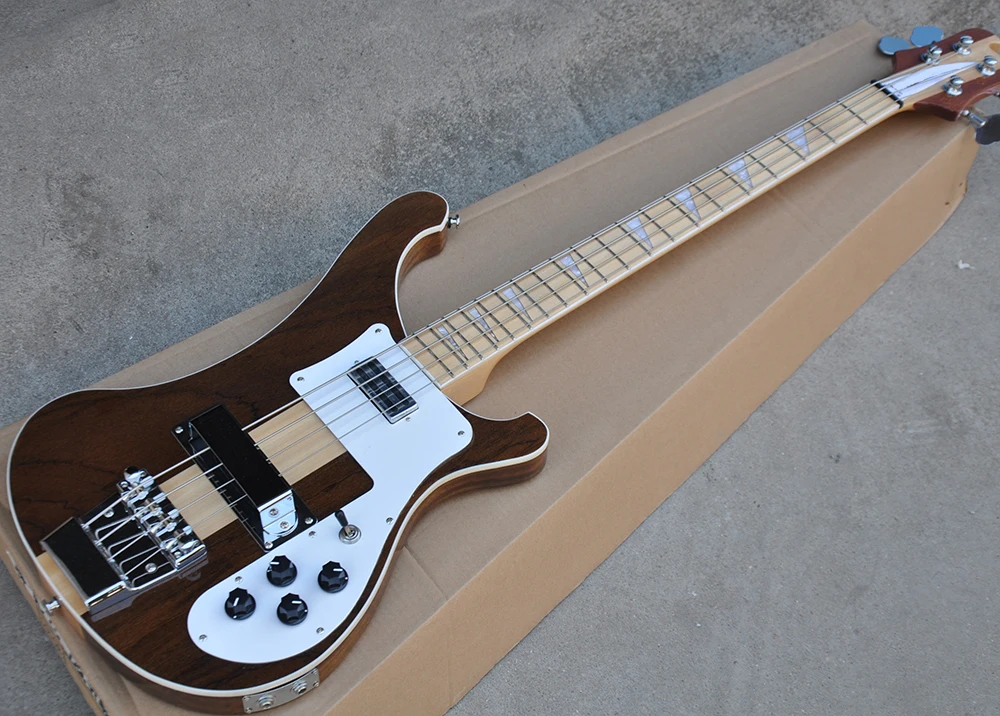 

New Arrival 4 Strings brown Neck-thru-body Electric Bass Guitar with Maple Fretboard,White Binding,offering customized services