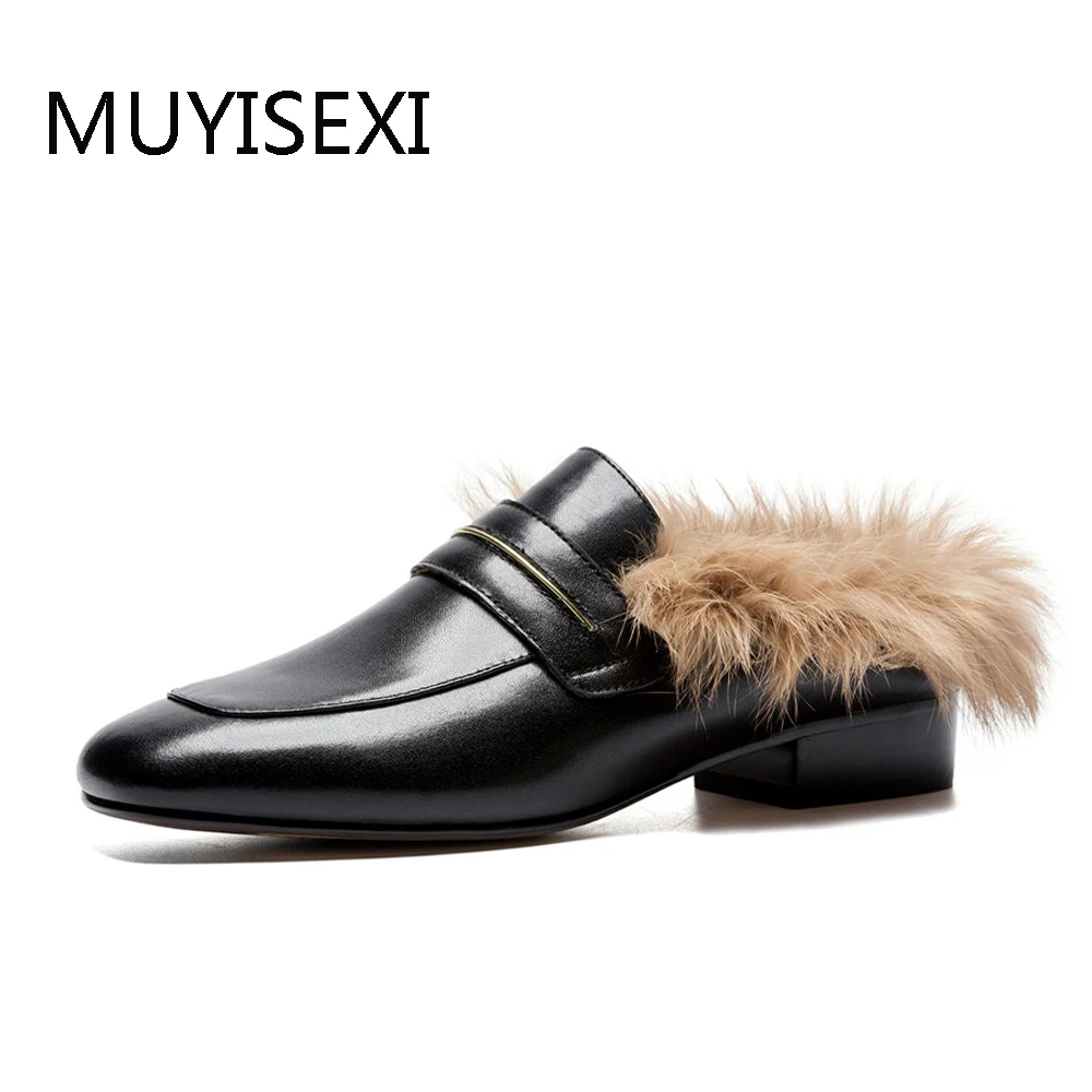 

Mules Women Slippers Genuine Leather + Rabbit Fur Slides Slip On Casual Brand Shoes Woman LT01 MUYISEXI