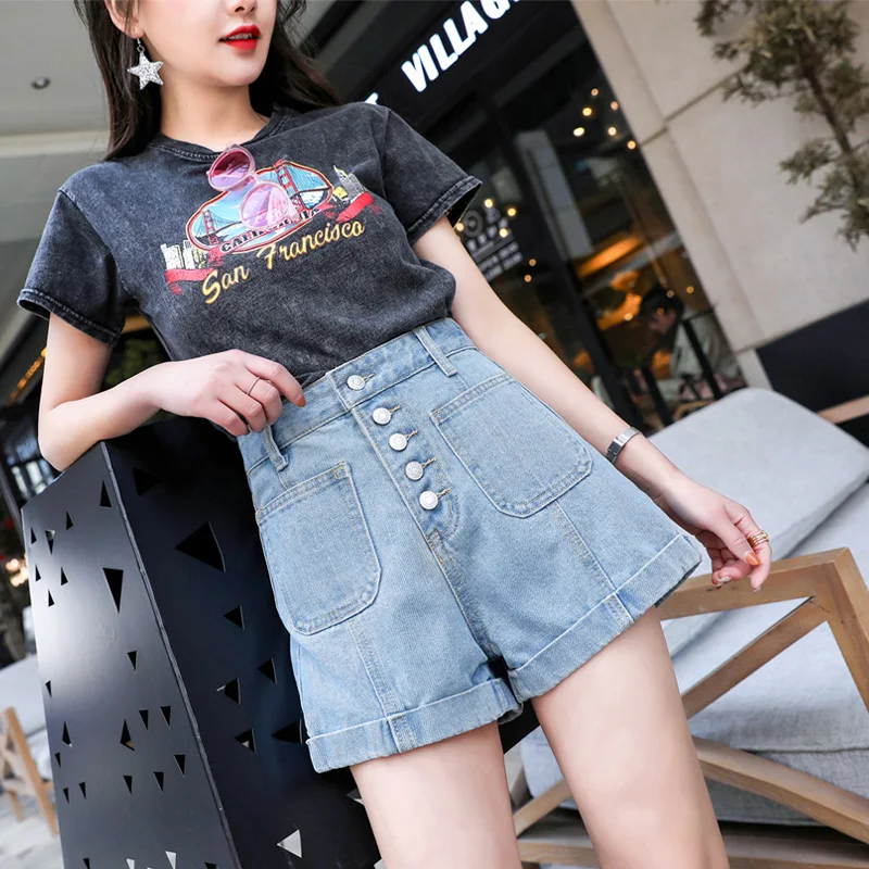 

2019 Summer High Waist Denim Shorts Female Thin Buckle A Word Loose Large Size Wide Leg Short Feminino Preppy Tide Style TQ2655D