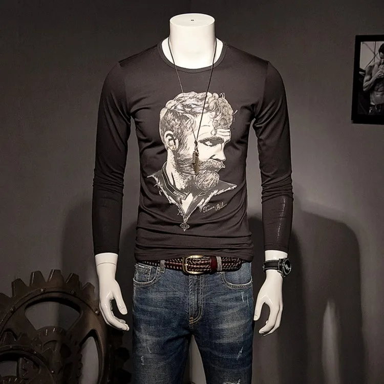 Мужская футболка с длинными рукавами Новая Осенняя нижняя рубашка с круглым вырезом и принтами тонкая Молодежная футболка рубашка