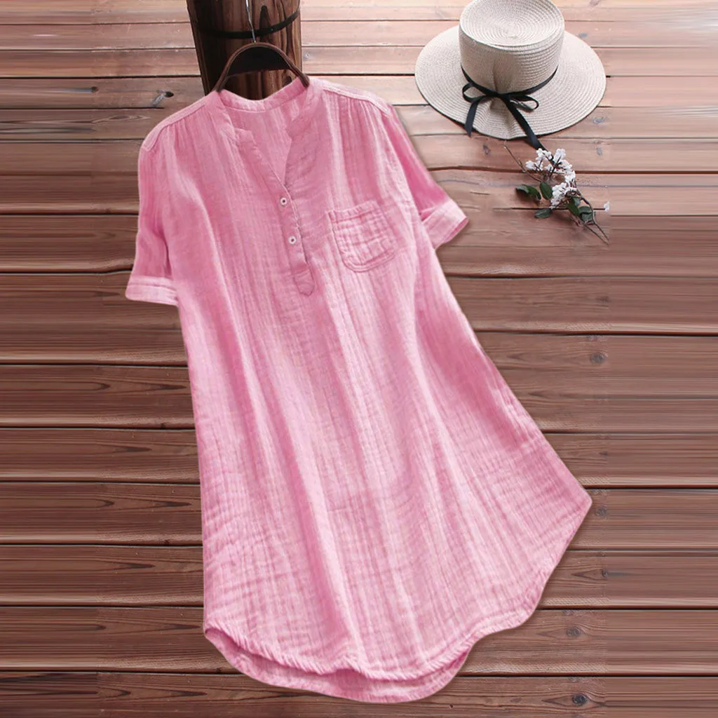 

2019 Summer Blouse Women Casual Solid Cotton Linen Short Sleeve Blouse Loose Ladies Tunic Shirt Pocket Tops Blusas Plus Size