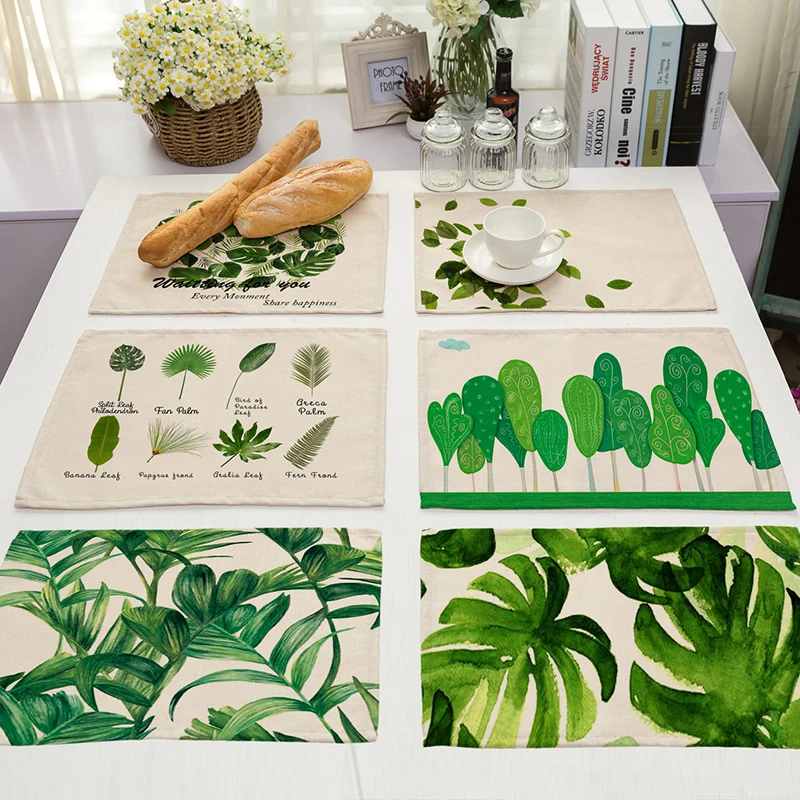 Cotton Linen Green Leaf Printed Table Dishware Place Mats For Dinner Kitchen Accessories Cup Wine mat
