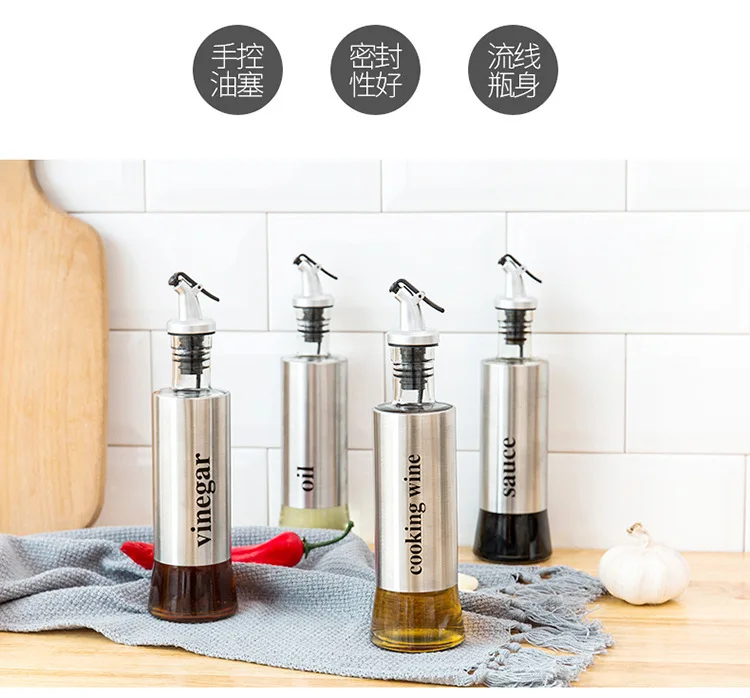 Home Kitchen Glass Oil Pot Creative Stainless Steel Seasoning Bottle Leakproof Soy Sauce Bottle Kitchen Seasoning Set