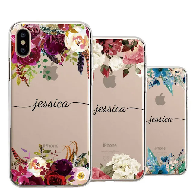 

Custom Personalised Your Name Tropical Floral Border Beauty Phone Soft Transparent Case For iPhone XS Max XR X 7Plus 8Plus