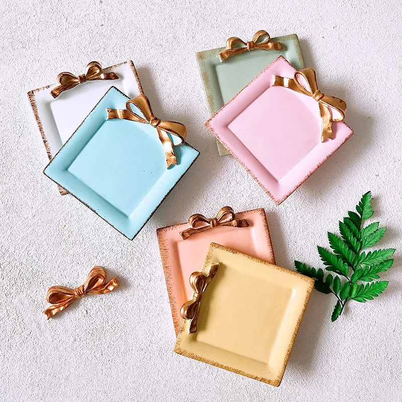 10.6*10CM golden bow resin tray desk storage dish jewelry plate
