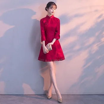 

Print Leaf Burgundy Vintage Female Qipao Size XS-XXL Vestidso Classic Satin Women Cheongsam Elegant Chinese Wedding Dresses