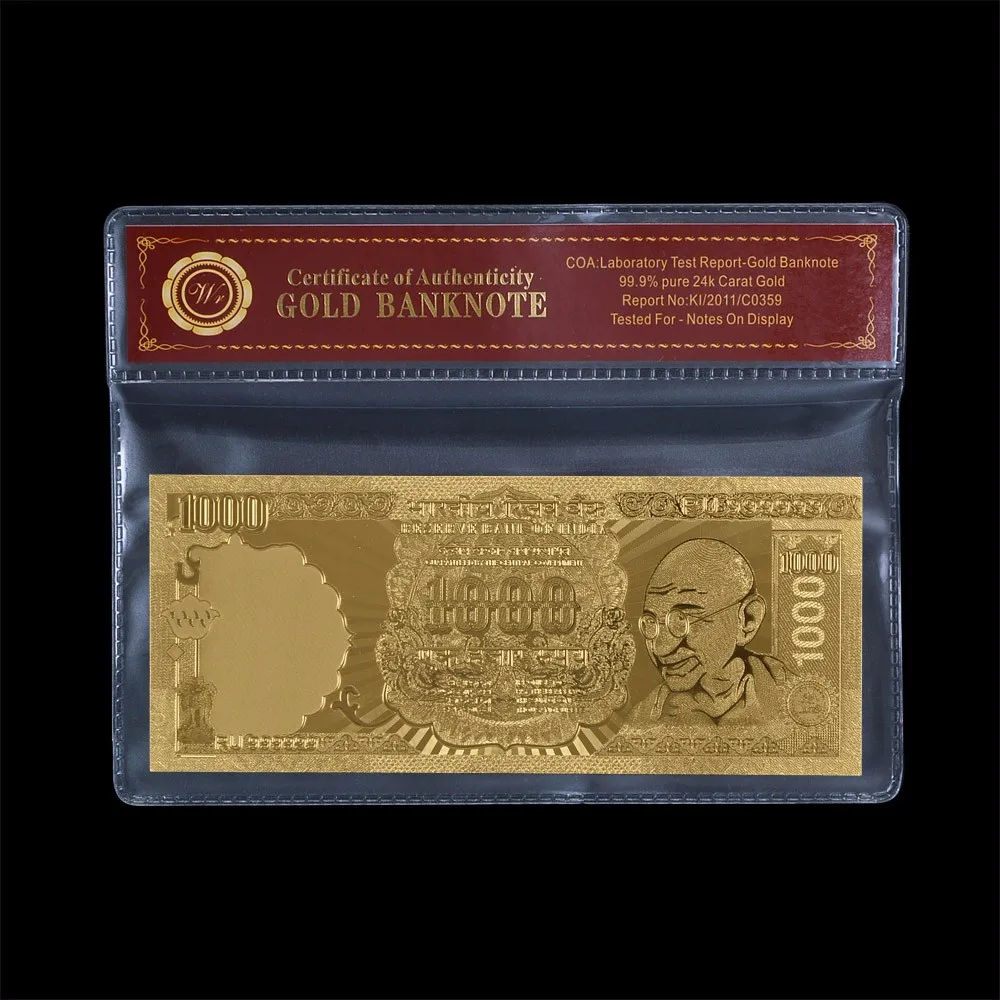 WR Новое поступление коллекция банкнот Индия 1000 рупия золото банкнот с сертификатом, производство Китай, Пластик рамка