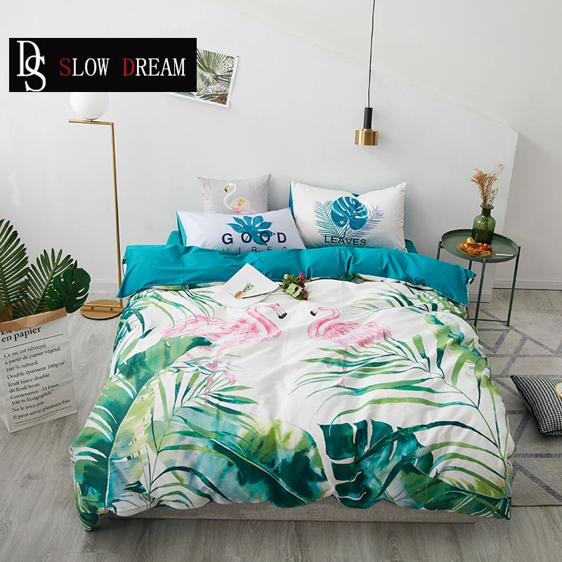 

SLOWDREAM Nortic Summer Flamingo Bedding Set Leaves Plant Double Cover Set Flat Sheet Decor Home Textiles Pillowcase Bed Linens