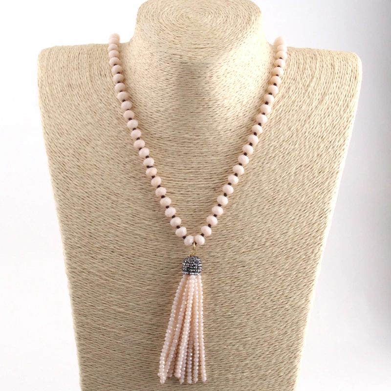 Fashio Artisan Jewelry 5x8mm Glass Knotted Crystal Tassel Punk Necklaces for Women