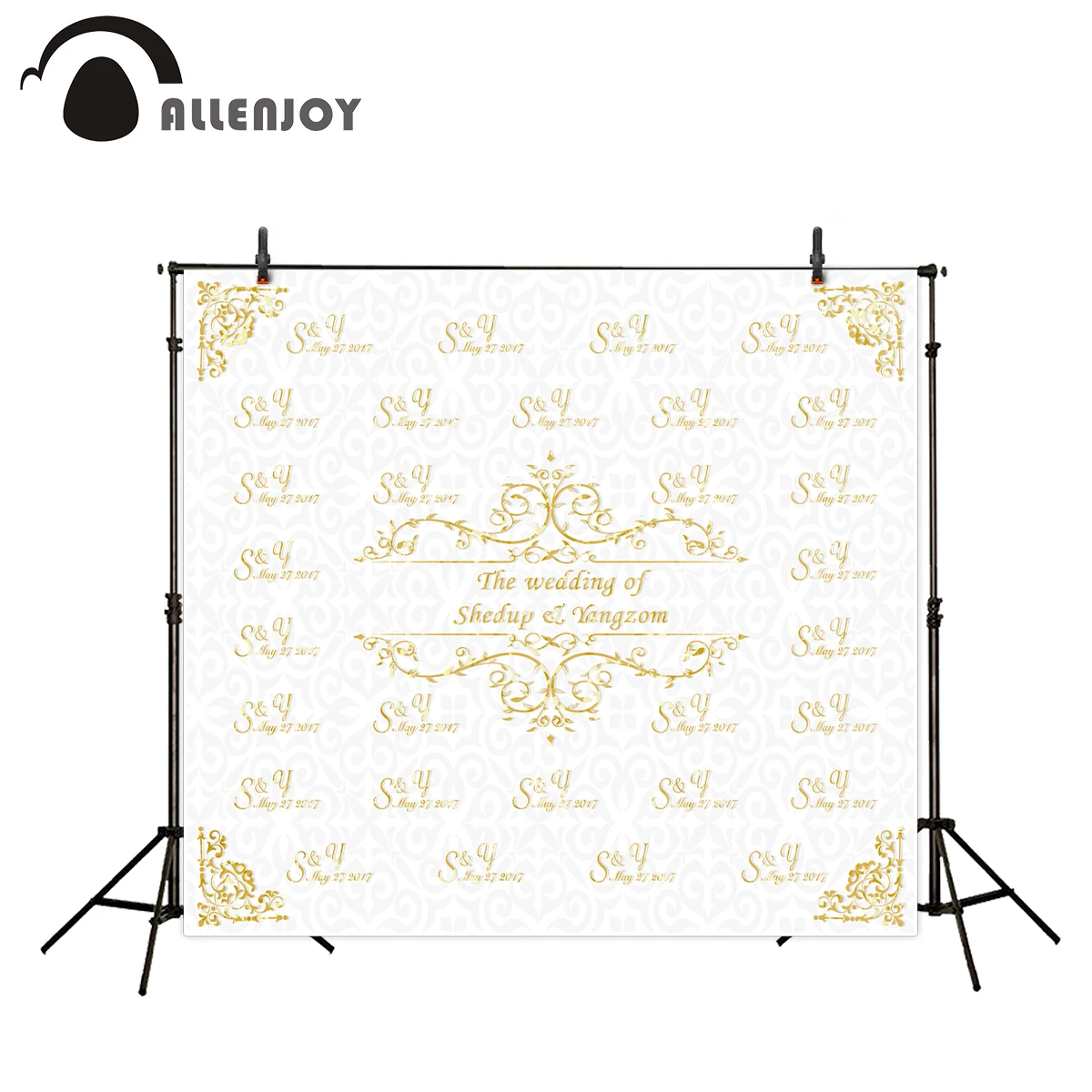 

Allenjoy Photography Background Gold frame wedding backdrop name date and phrase can be customized background camera fotografica