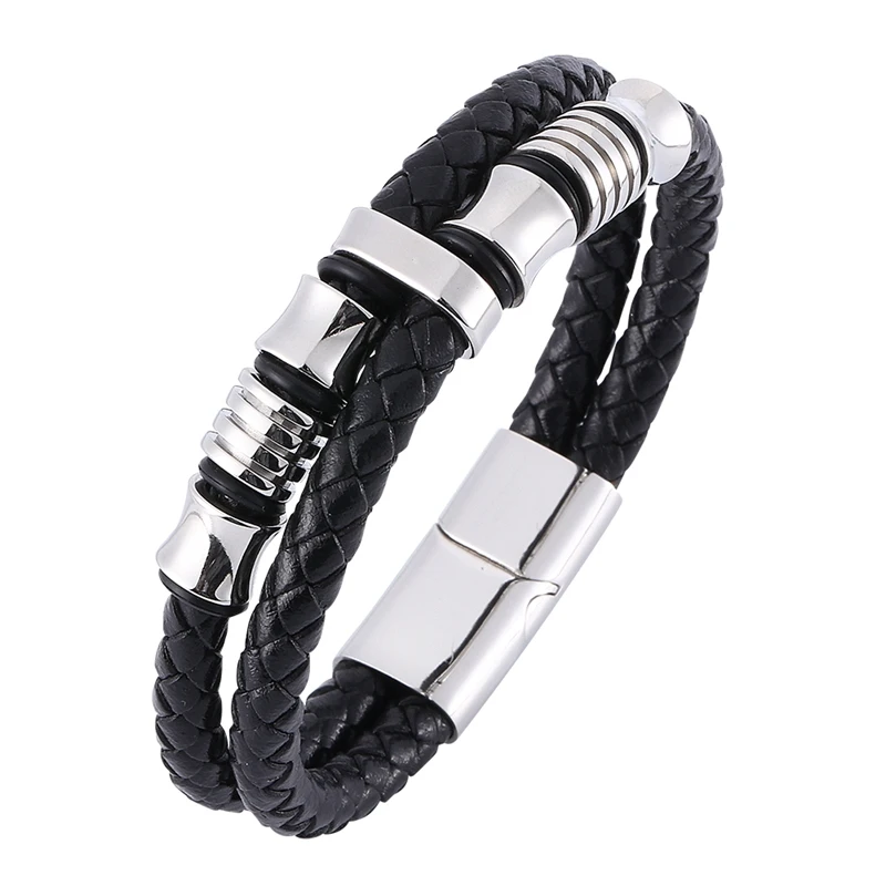 

Fashion Male Jewelry Bijoux Punk Leather Braided Bracelet Men Silver Color Stainless Steel Magnetic Clasp Man Bracelete SP0026