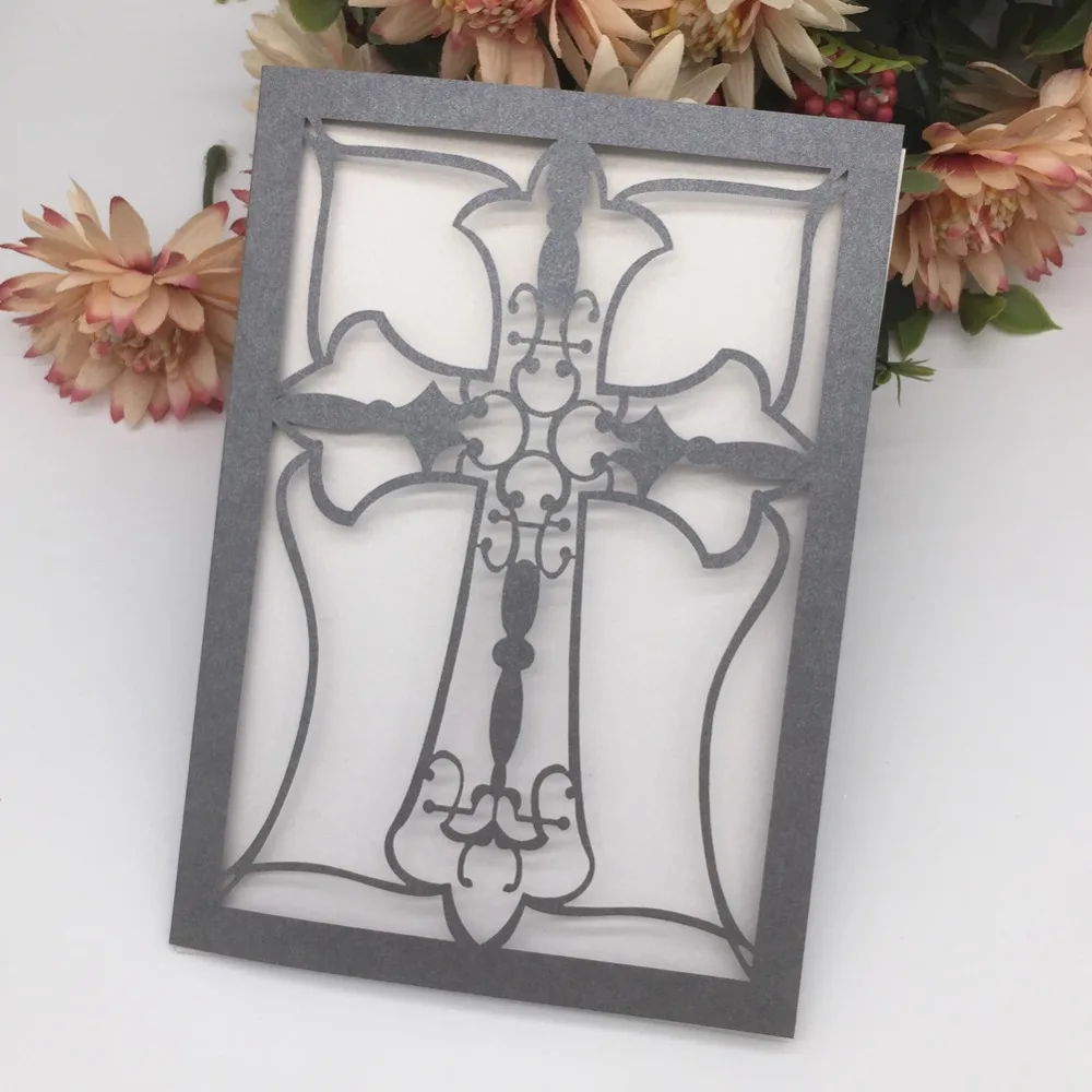 

35Pcs/Lot Pray Cross Pearl Paper Christening Baptism Card Annivery Card Birthday Party Invitations Blessing Greeting Card