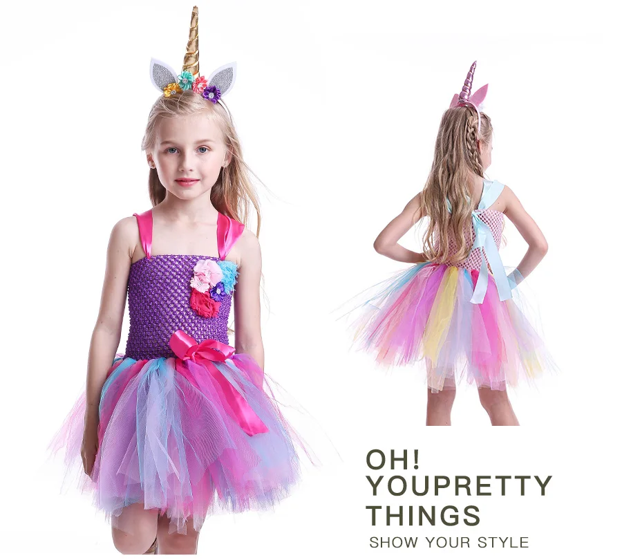Elegant Rainbow Unicorn Girls Tutu Dresses Kids Flowers Birthday Party Dress with Headband Children Princess Tulle Prom Clothing  (13)