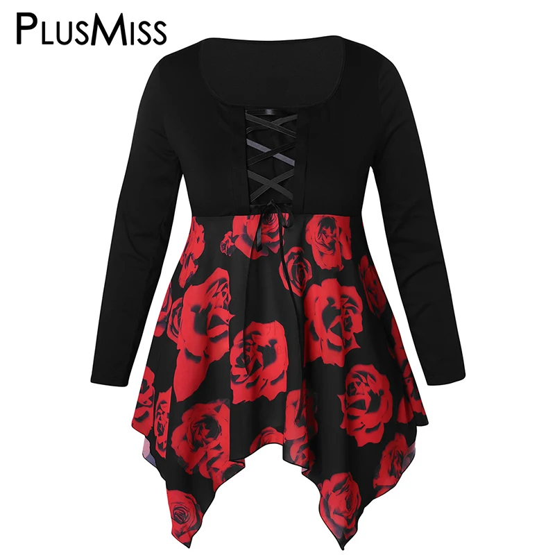 

PlusMiss Plus Size 5XL Lace Up Floral Flower Printed Blouse XXXXL XXXL XXL Large Size Long Sleeve Vintage Tunic Top Female Black