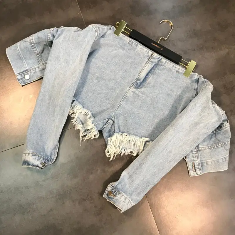 

2019 summer new fashion fake two-piece with sleeves waist shaved casual denim shorts women