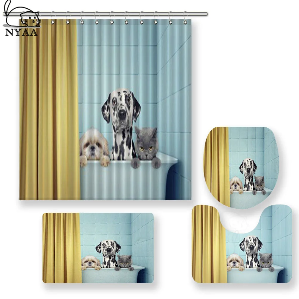 

NYAA 4 Pcs Set Cute Two Dogs And Cat Shower Curtain Pedestal Rug Lid Toilet Cover Mat Bath Mat Set For Bathroom Decor