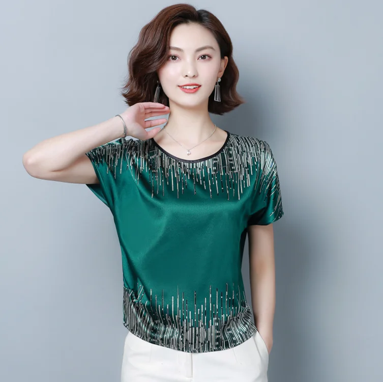 

2019 New Summer Print Loose Short Sleeve O-Neck Slim Heavy Silk Blouse Shirt Red Green Blue Rice White 5211