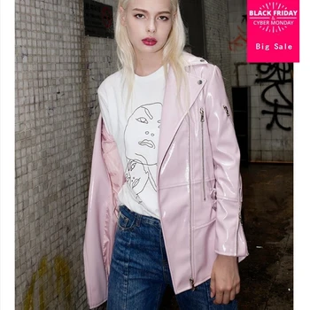 

2018 autumn new leather jacket tops women's long pink loose black washed leather coat long sleeve slim PU learther outwear L1192