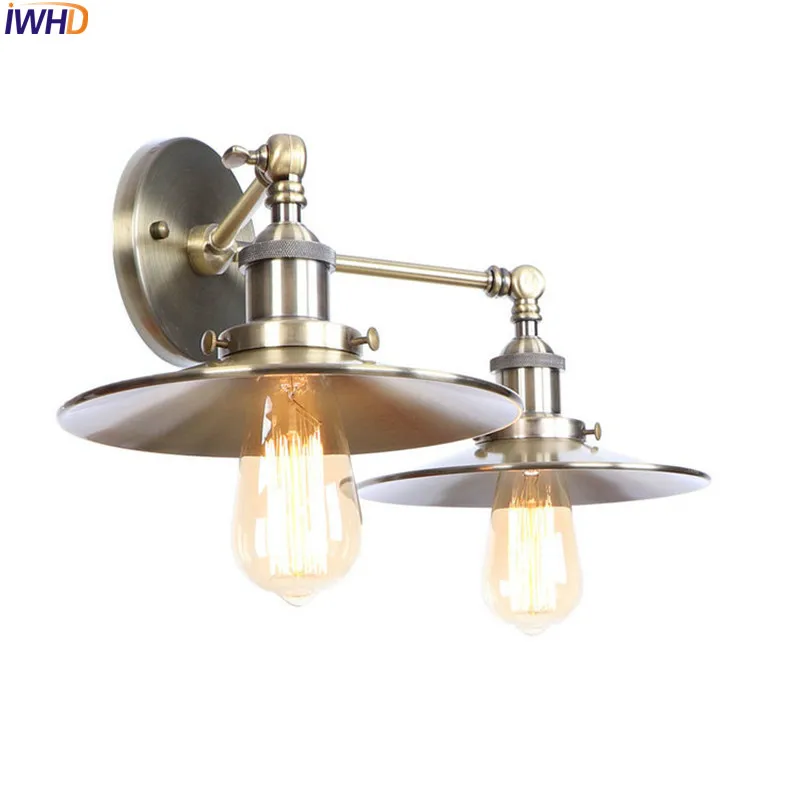 IWHD 2 Heads Brass Retro LED Wall Light Fixures Bedroom Living Room Industrial Vintage Edison Sconce Lampara Pared | Лампы и освещение