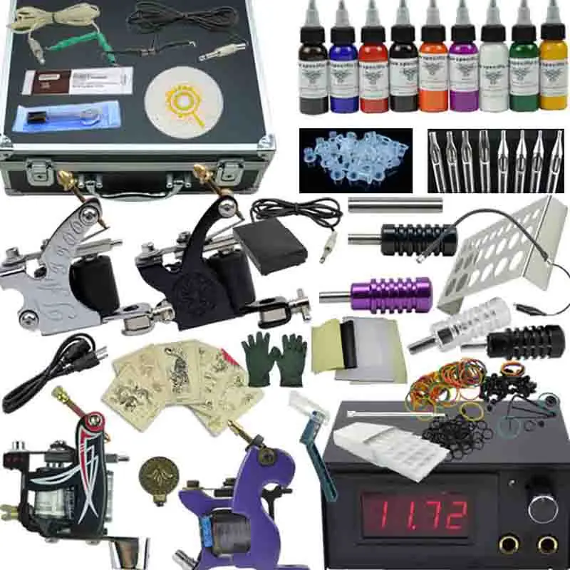 OPHIR Pro 4 Machine Tatto Kit Motor Guns Set 9 Colors Pigment Inks Nozzles Needles Complete Tattoo Kit with Aluminum Box_TA007
