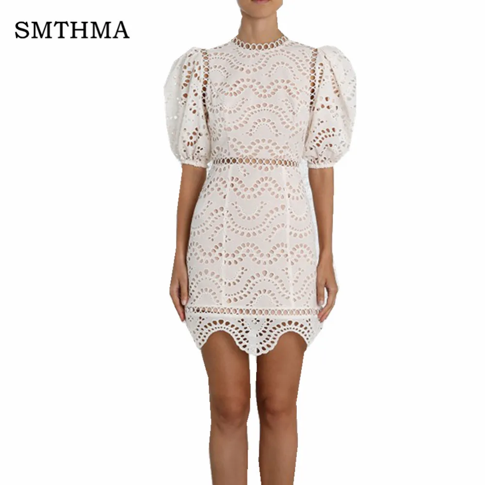 

SMTHMA High quality New fashion designer Luxury runway Summer dress Women Puff Sleeve Hollow Lace Chic Dress
