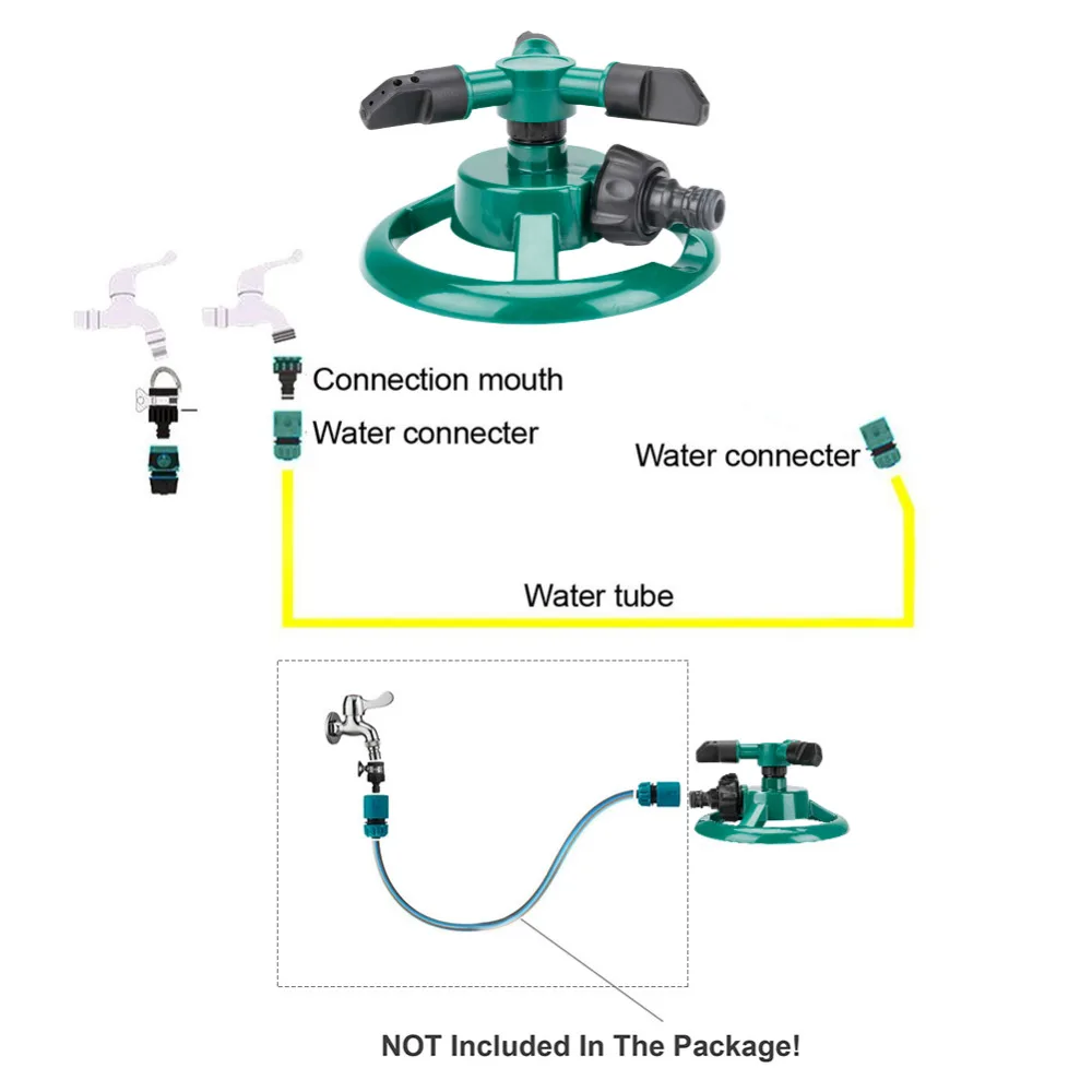 Садовый дождевальный аппарат автоматический полив газона 360 градусов круглый вращающийся разбрызгиватель воды+ 3 насадки три руки садовый шланг