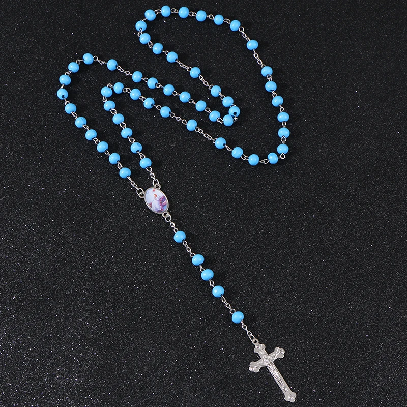

KOMi Handmade 7mm Blue Wooden Beads Cross Pendant Necklace Religious Pray Rosary Jewelry Necklace Jesus Jewelry R-191