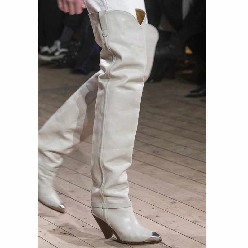 

Runways Fashion Iron Pointed Toe Genuine Leather Over The Knee High Boots For Women Slip On High Heels Botas Mujer Brown