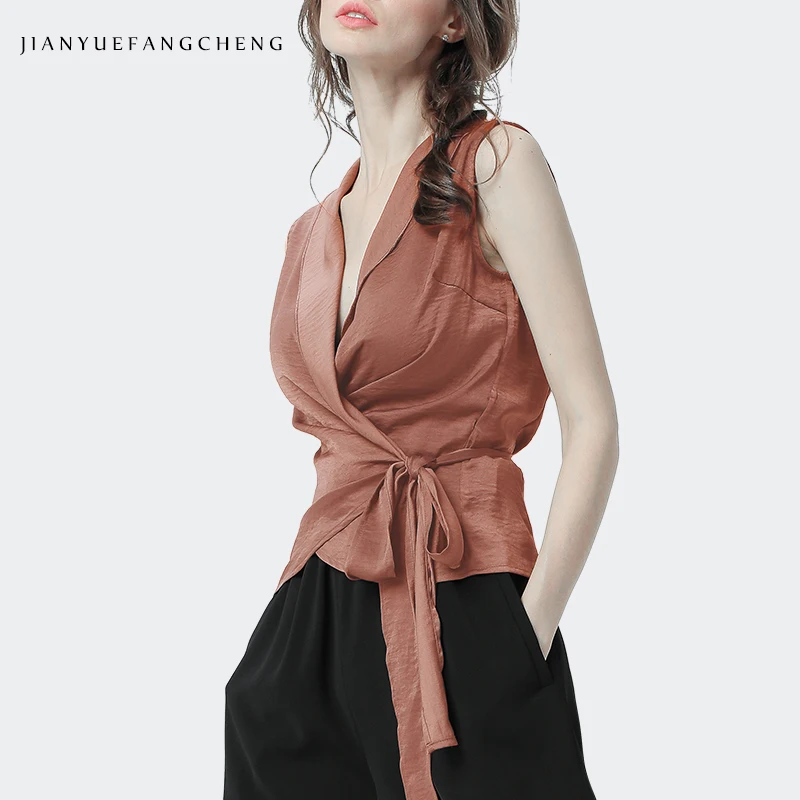 

Women Summer Tank Top V Neck Sleeveless Short Blouses With Sashes Lace Up Sexy Slim Solid Color Casual Blouses
