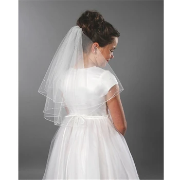 

2019 ISHSY Wedding Flower Girls First communion Veils Beaded Pencil edgge Children Kids Tulle Veil Voiles Filles velos de Novia