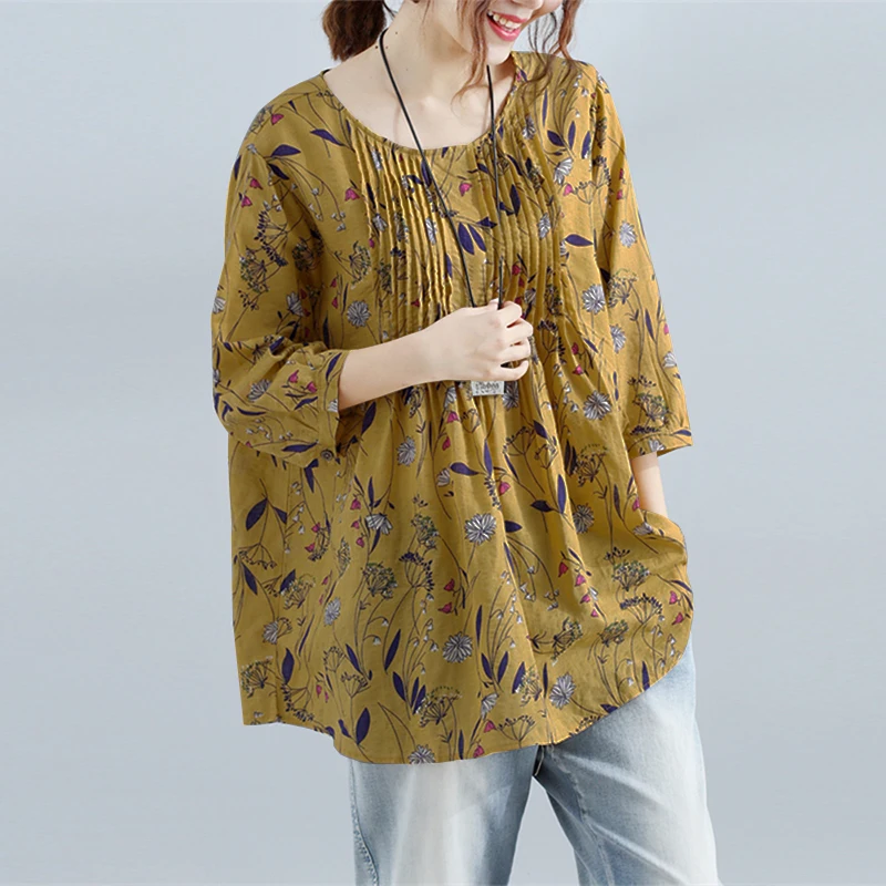 2018 Oversized ZANZEA Women Crew Neck 3/4 Sleeve Loose Pleated Blouse Summer Retro Boho Floral Printed Beach Party Long Shirt Blouses