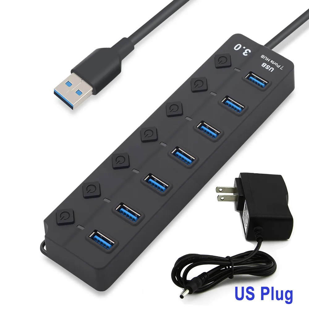 USB Hub 3,0 High Скорость 7 Порты USB 3,0 Splitter с индивидуальным на/Off переключатели для ноутбука PC, EU/US Мощность дополнительного адаптера - Цвет: 7-Port hub US Plug