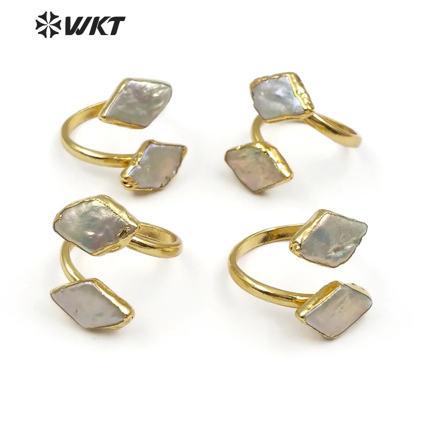 

WT-R326 WKT Classic gold ring with pearls embellished geometric elements rhombus ladies double layer adjustable pearl ring