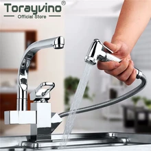 Torayvino Ванная комната смеситель вытащить поворотный и вытащить Кухня кран Два Изливы кран на бортике Раковина Chrome кран