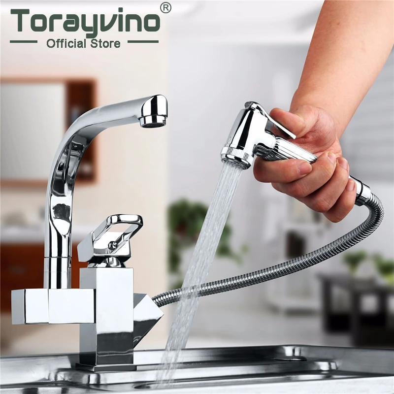 

Torayvino Bathroom Basin Faucet Pull Out Swivel And Pull Out Kitchen Faucet Two Spouts Faucet Deck Mounted Sink Chrome Faucet