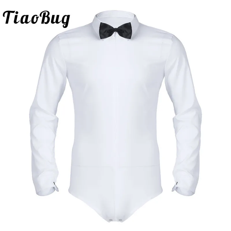 

TiaoBug Men Long Sleeve Zipper Solid Color Latin Modern Dance Shirt with Bowtie One-piece Romper Shirt Male Social Tuxedo Shirts