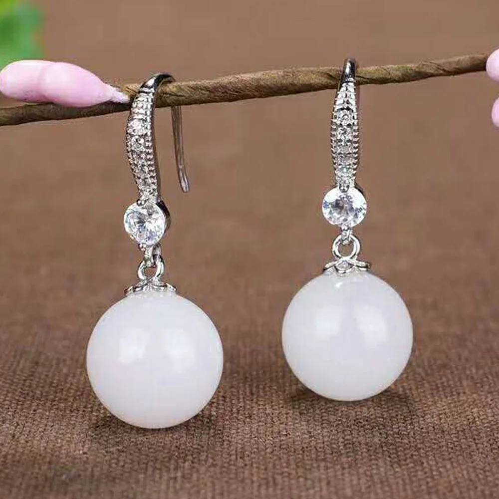 Drop Shipping Real 925 Sterling Silver Drop Earrings Ear Pin Natural Round Jade Handmade Fine Jewelry For Women Wedding Earrings