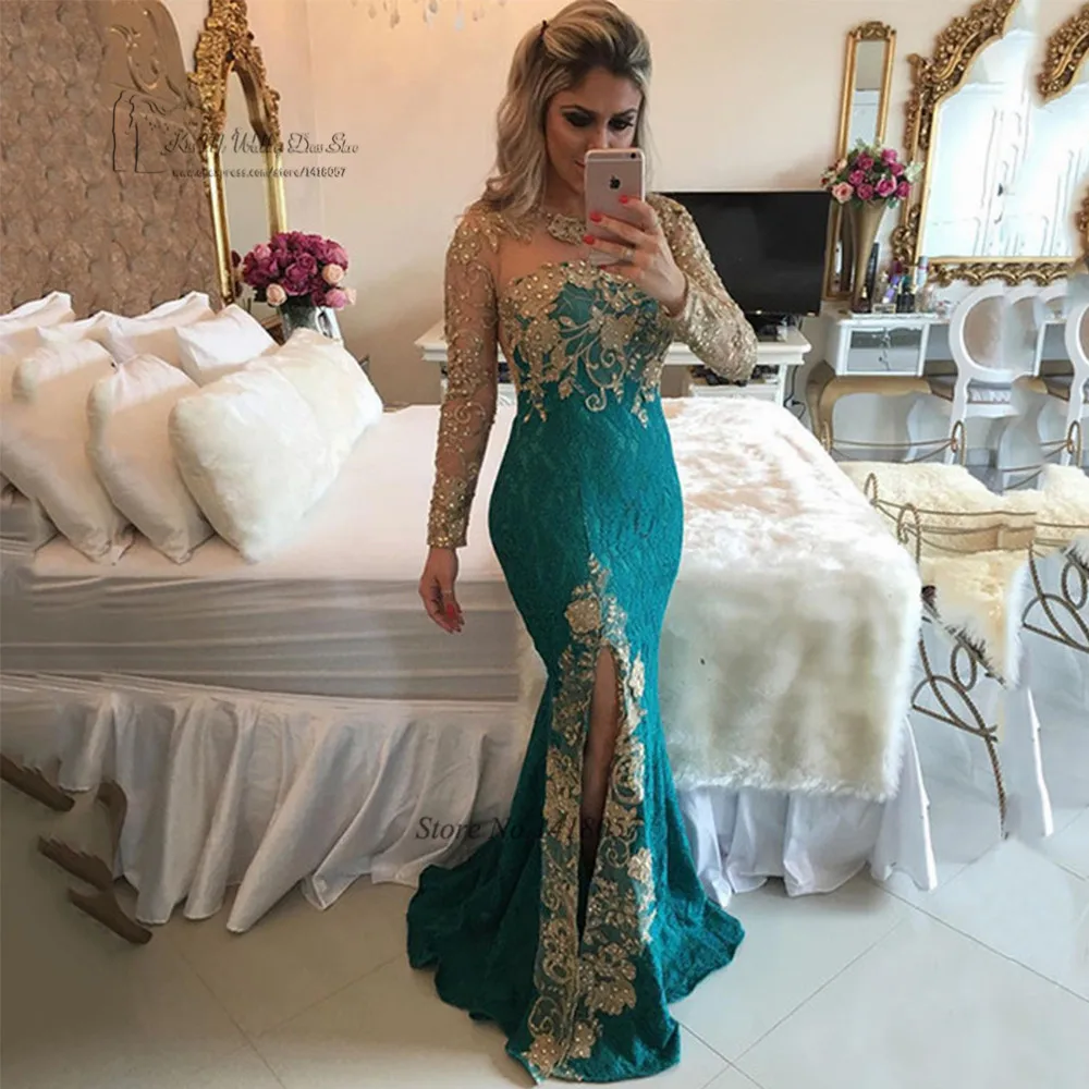 Sexy Formal Green Gold Lace Evening 