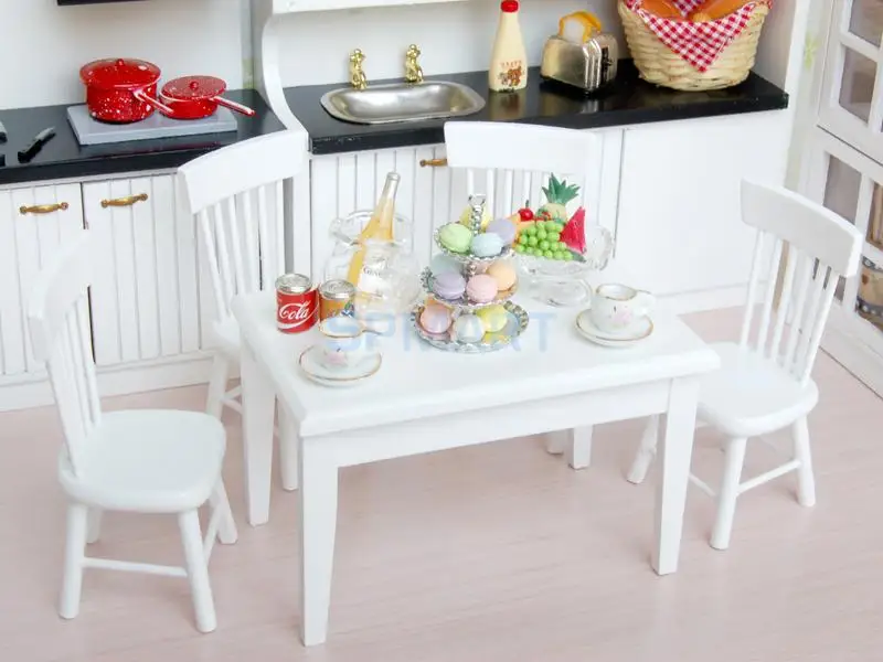 Европейский 1/12 миниатюрный деревянный набор мебели для кукольного дома, кухонный шкаф и стул для стола и фарфоровый чайный сервиз, детская игрушка для ролевых игр