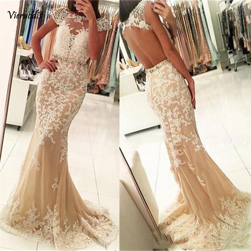 80-1 vestidos de gala New Elegant Prom Dresses Long Appliques Tulle Evening Dress Mermaid Backless 2019