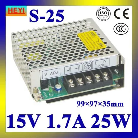 Светодиодный источник питания 15V 1.7A 100 ~ 120 V/200 240V AC вход Один выход импульсный 25W