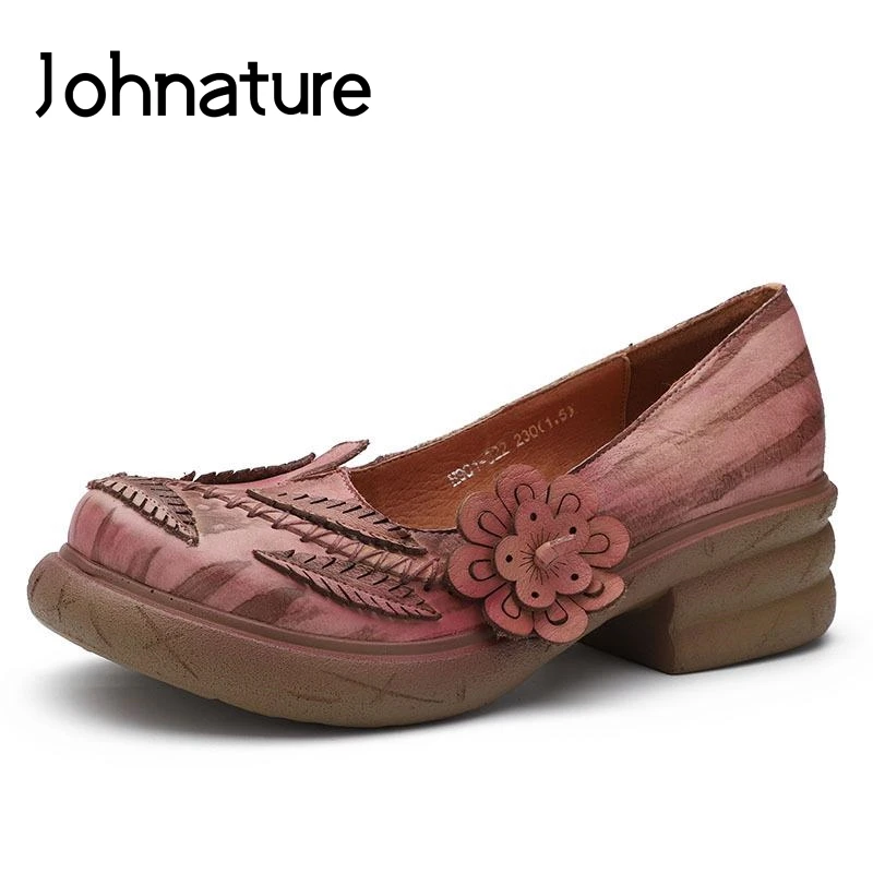 

Johnature 2019 New Summer Retro Casual Genuine Leather Round Toe Appliques Slip-on Women Wedges Platform Shoes Pumps