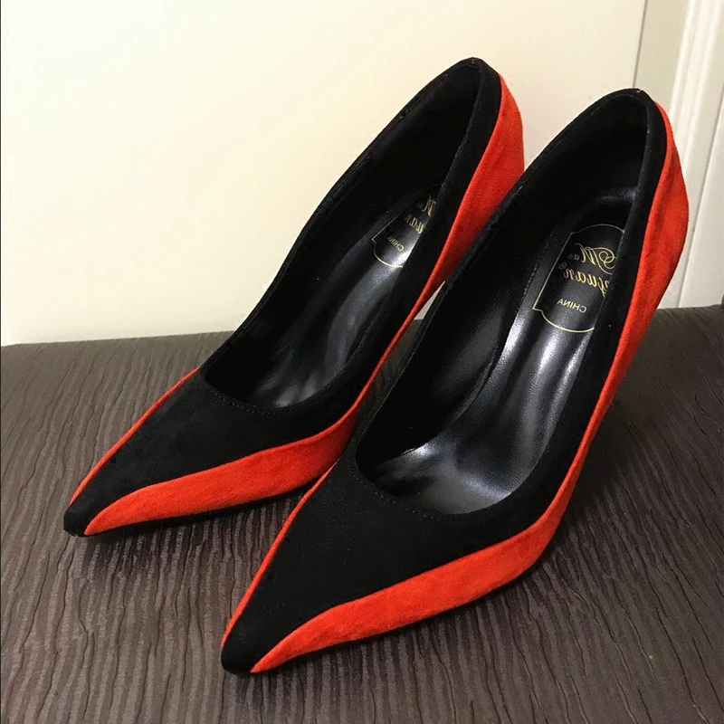 

Orange plus black splicing collision color pointed high heel shoes with thin shoes