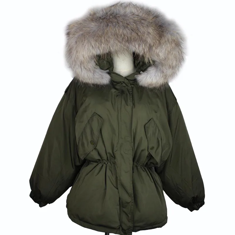 Зимняя женская куртка из натурального меха енота, верхняя одежда с капюшоном, парка 90% белого утиного пуха, армейский зеленый - Цвет: gray