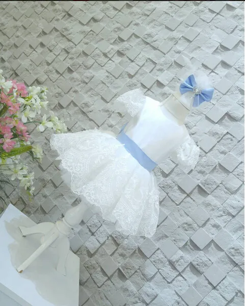 V-back White and Blue lace Flower Girl Dresses baby first Birthday Party frocks for first communion with crystals and bow