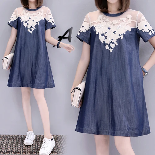 New Lace Patchwork Embroidery Denim Dresses Summer Women Half Sleeves Loose A Line Jeans Dresses Plus Sizes Casual Dresses Robe