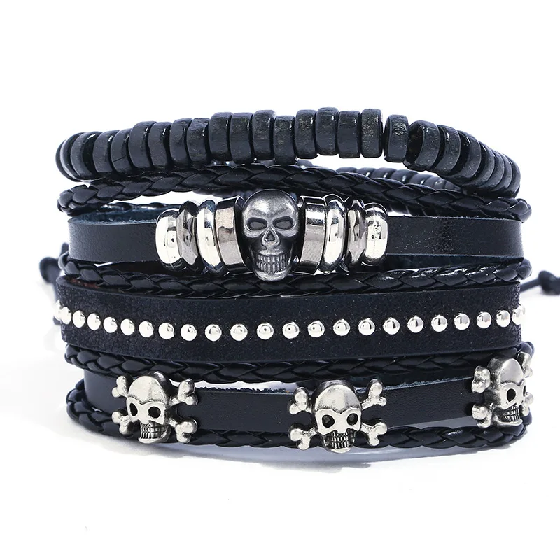 

Punk Rock Skull Charm Bracelet Set Vintage Retro Gothic Pirate Skeleton Jewelry Beads Braided Rope Leather Bangle Wrap Men Women