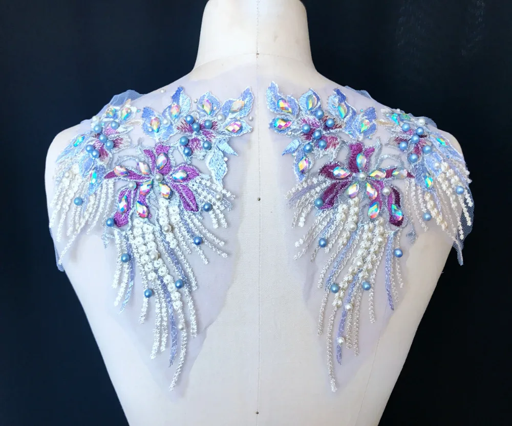 

Sew on rhinestones lace applique light purple trim patches for dress DIY accessories 24*18cm*2pcs